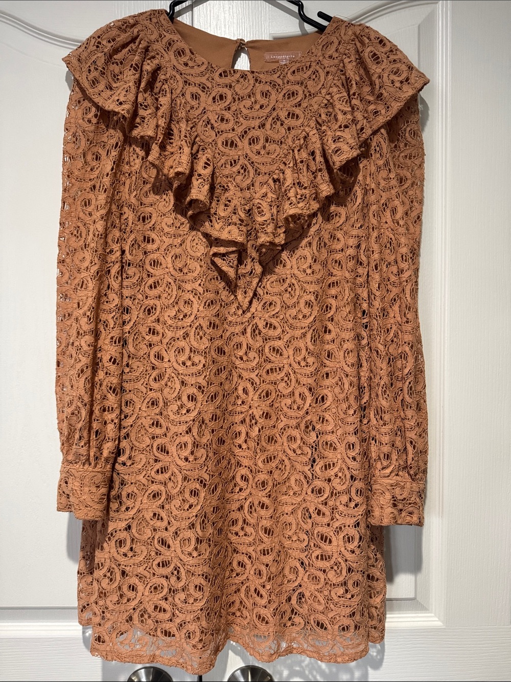 Women’s Long-Sleeve Lace Ruffle Dress in Camel Tan